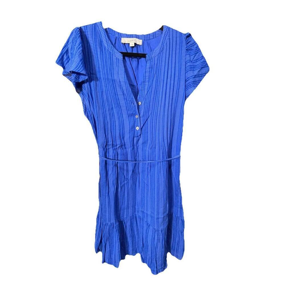 Loft Textured Stripe Flutter Button Swing Short Royal Blue Dress Sz Small